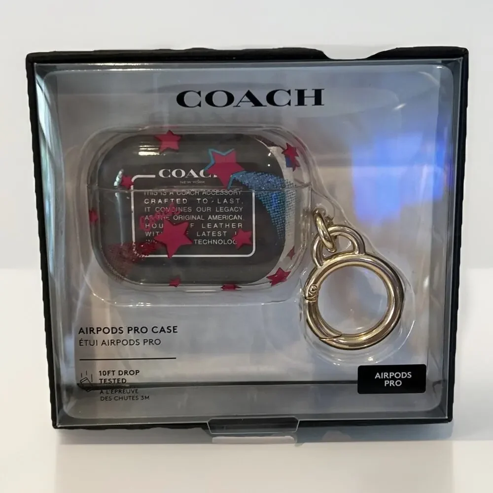 Coach Airpods Pro Case Clear Stars Keychain Red Blue Sparkle-new